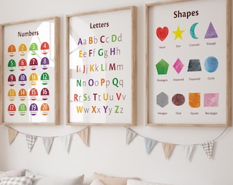 English Basics Educational Posters, Set Of 3 Learning Prints For Preschool Classroom Decoration, Elementary School Decor, Homeschool Posters