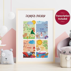 Hebrew Learning Posters, Jewish Classroom Educational Prints, Israel School Wall Decor, Learn Seasons Names In Hebrew, Hebrew School Posters