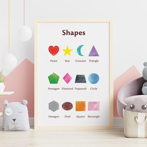 May include: A colorful educational poster with the title "Shapes" and illustrations of different geometric shapes, including a heart, star, crescent, triangle, pentagon, diamond, trapezoid, circle, hexagon, oval, square, and rectangle.