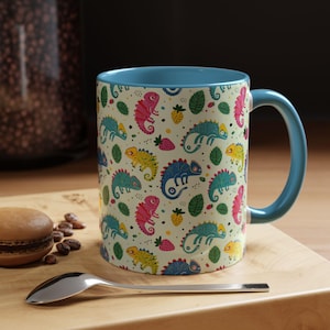 Chameleon Coffee Mug With Cute Chameleons Pattern, Ceramic Cup With 5 Accent Color Options, Lizard Lover Gifts, Chameleon Cup Gift For Mom
