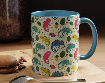 Chameleon Coffee Mug With Cute Chameleons Pattern, Ceramic Cup With 5 Accent Color Options, Lizard Lover Gifts, Chameleon Cup Gift For Mom