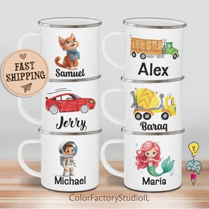 May include: Set of five white enamel mugs with colorful illustrations and names. The mugs feature a cat, a truck, a car, an astronaut, and a mermaid. The names on the mugs are Samuel, Alex, Jerry, Michael, and Maria.
