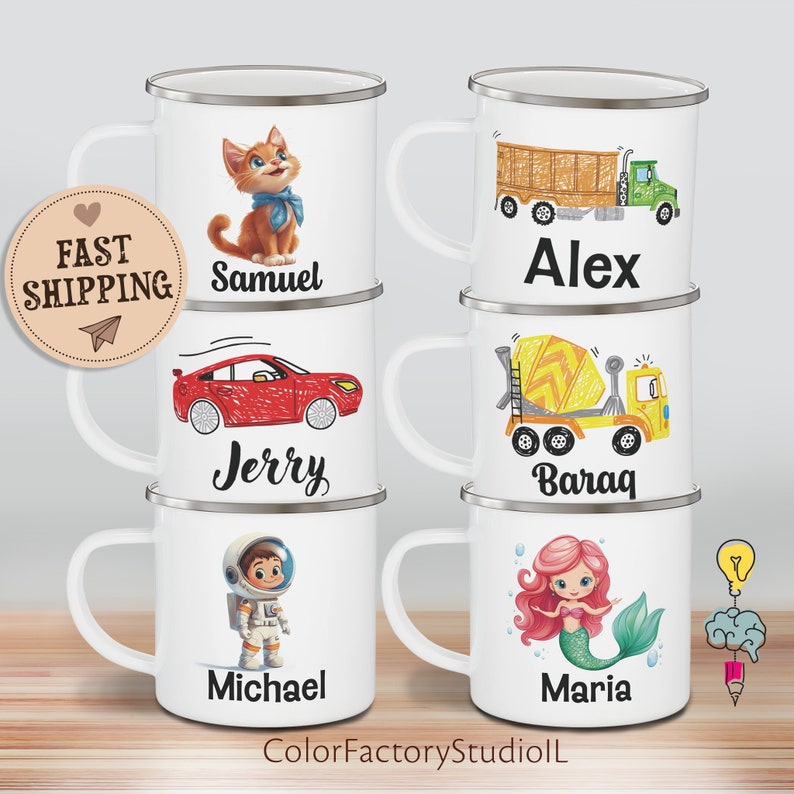 May include: Set of five white enamel mugs with colorful illustrations and names. The mugs feature a cat, a truck, a car, an astronaut, and a mermaid. The names on the mugs are Samuel, Alex, Jerry, Michael, and Maria.