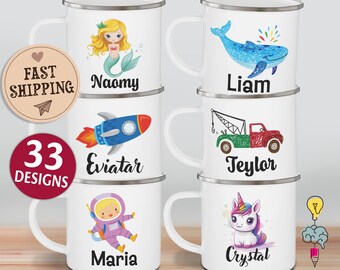 Personalized Kids Camping Mug: Custom Name Enamel Cup, 12oz