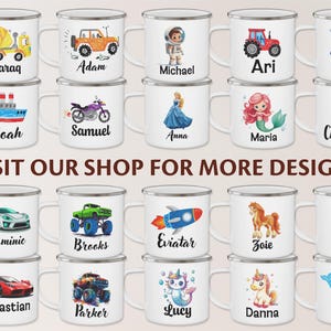 May include: A set of 20 enamel mugs with various designs, including a truck, a car, a unicorn, a mermaid, a cupcake, a rocket, a monster truck, a whale, a horse, and a monster. Each mug has a different name printed on it, such as Baraq, Adam, Michael, Ari, Jerry, Noah, Samuel, Anna, Maria, Charlotte, Dominic, Brooks, Eviatar, Zoie, Liliya, Sebastian, Parker, Lucy, Danna, and Liam.