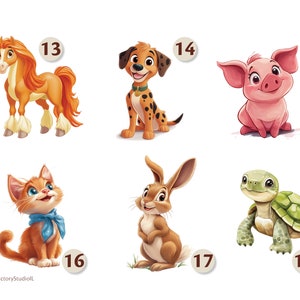 K&ouml;nnte beinhalten: Ein Set mit bunten Comic-Tierillustrationen, darunter ein Pferd, ein Hund, ein Schwein, eine Katze, ein Kaninchen und eine Schildkr&ouml;te. Jedes Tier ist mit einem braunen Kreis nummeriert.