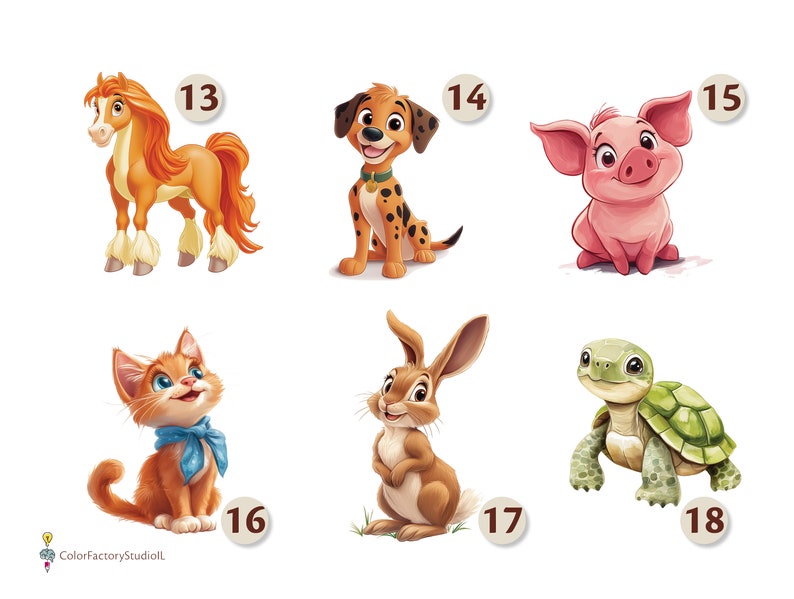 K&ouml;nnte beinhalten: Ein Set mit bunten Comic-Tierillustrationen, darunter ein Pferd, ein Hund, ein Schwein, eine Katze, ein Kaninchen und eine Schildkr&ouml;te. Jedes Tier ist mit einem braunen Kreis nummeriert.
