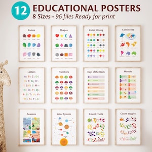 Könnte beinhalten: Ein Satz von 12 Lernpostern in Holzrahmen, die Themen wie Farben, Formen und das Sonnensystem behandeln. Die Poster sind an einer weißen Wand angebracht. Der Text oben lautet "12 EDUCATIONAL POSTERS 8 Sizes • 96 files Ready for print."