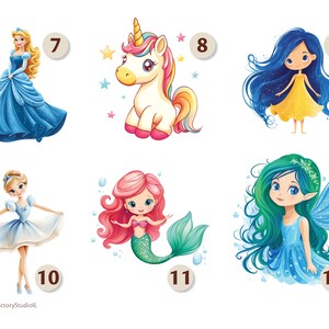 K&ouml;nnte beinhalten: Ein Set mit zehn bunten Illustrationen, die verschiedene Figuren zeigen, darunter eine Prinzessin, ein Einhorn, eine Fee, eine Meerjungfrau und eine Ballerina. Die Illustrationen eignen sich perfekt f&uuml;r Kinderb&uuml;cher, Bastelarbeiten oder andere kreative Projekte.