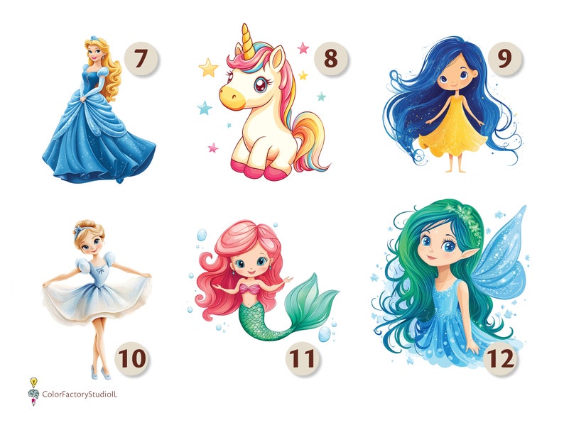 K&ouml;nnte beinhalten: Ein Set mit zehn bunten Illustrationen, die verschiedene Figuren zeigen, darunter eine Prinzessin, ein Einhorn, eine Fee, eine Meerjungfrau und eine Ballerina. Die Illustrationen eignen sich perfekt f&uuml;r Kinderb&uuml;cher, Bastelarbeiten oder andere kreative Projekte.