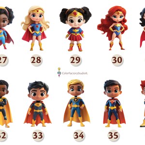 May include: Set of 10 superhero figurines, featuring a variety of characters with different costumes and poses. The figurines are all in a cartoon style and have bright colors. The figurines are numbered 27 through 36.