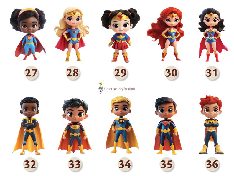 May include: Set of 10 superhero figurines, featuring a variety of characters with different costumes and poses. The figurines are all in a cartoon style and have bright colors. The figurines are numbered 27 through 36.