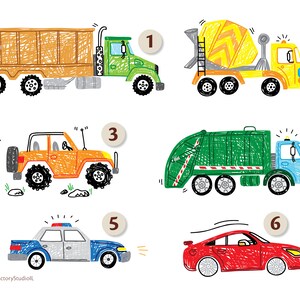 K&ouml;nnte beinhalten: Eine bunte Illustration von sechs verschiedenen Fahrzeugen, darunter ein LKW, ein Betonmischer, ein Jeep, ein M&uuml;llwagen, ein Polizeiauto und ein Sportwagen. Jedes Fahrzeug ist von 1 bis 6 nummeriert.