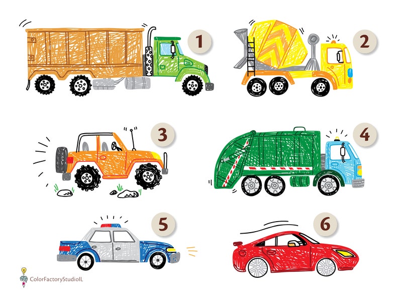 K&ouml;nnte beinhalten: Eine bunte Illustration von sechs verschiedenen Fahrzeugen, darunter ein LKW, ein Betonmischer, ein Jeep, ein M&uuml;llwagen, ein Polizeiauto und ein Sportwagen. Jedes Fahrzeug ist von 1 bis 6 nummeriert.