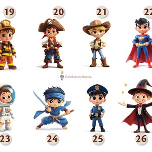K&ouml;nnte beinhalten: Ein Set mit 10 Illustrationen von Kindern in verschiedenen Kost&uuml;men. Die Kinder tragen Kost&uuml;me wie Feuerwehrmann, Pirat, Cowboy, Superheld, Astronaut, Ninja, Polizist und Zauberer.