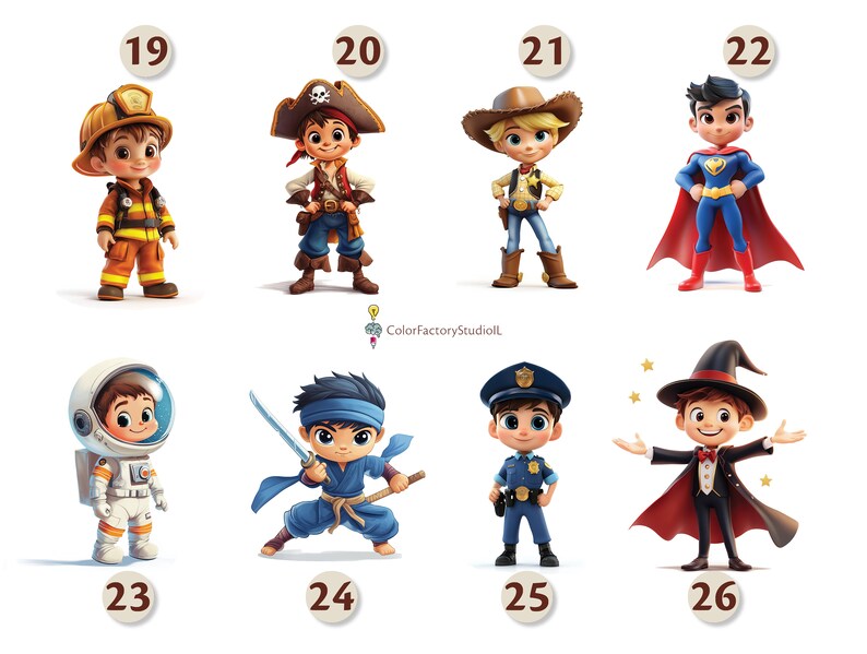 K&ouml;nnte beinhalten: Ein Set mit 10 Illustrationen von Kindern in verschiedenen Kost&uuml;men. Die Kinder tragen Kost&uuml;me wie Feuerwehrmann, Pirat, Cowboy, Superheld, Astronaut, Ninja, Polizist und Zauberer.