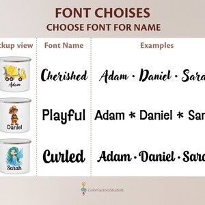K&ouml;nnte beinhalten: Drei wei&szlig;e Emailletassen mit verschiedenen Designs und Namen. Die Tassen werden mit drei verschiedenen Schriftstilen f&uuml;r die Namen gezeigt: Cherished, Playful und Curled. Die Namen auf den Tassen sind Adam, Daniel und Sarah.