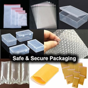 May include: A collage of packaging supplies, including clear plastic bags with red zip closures, clear plastic boxes, bubble wrap, and padded envelopes. The text "Safe & Secure Packaging" is displayed.
