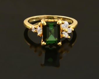 Green Tourmaline Engagement Ring: Moissanite, 925 Sterling Silver