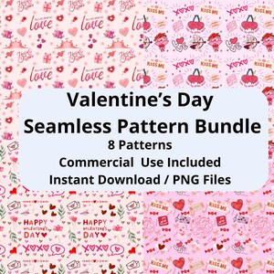 Puede incluir: Un paquete de patrones sin costuras para el Día de San Valentín con ocho patrones. Los patrones presentan corazones, besos y gráficos temáticos de amor en rosa y rojo. El texto de la imagen dice "Valentine's Day Seamless Pattern Bundle".