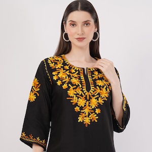 Black Kashmiri Aari Embroidered Short Kurti | Handmade Rayon Floral Tunic | Boho Ethnic Top for Women | Festival & Casual Wear