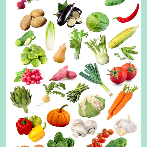 32 cartes mémoire - thème légumes | Images réelles / Cartes Montessori pour Enfants - 9 pages Pdf