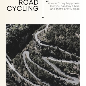 Puede incluir: Una vista a&eacute;rea de un camino sinuoso a trav&eacute;s de un bosque. El camino se curva y se retuerce a trav&eacute;s de los &aacute;rboles, creando una ruta esc&eacute;nica y desafiante para los ciclistas. La cita "No se puede comprar la felicidad, pero se puede comprar una bicicleta, y eso es bastante cerca." se muestra sobre la imagen.