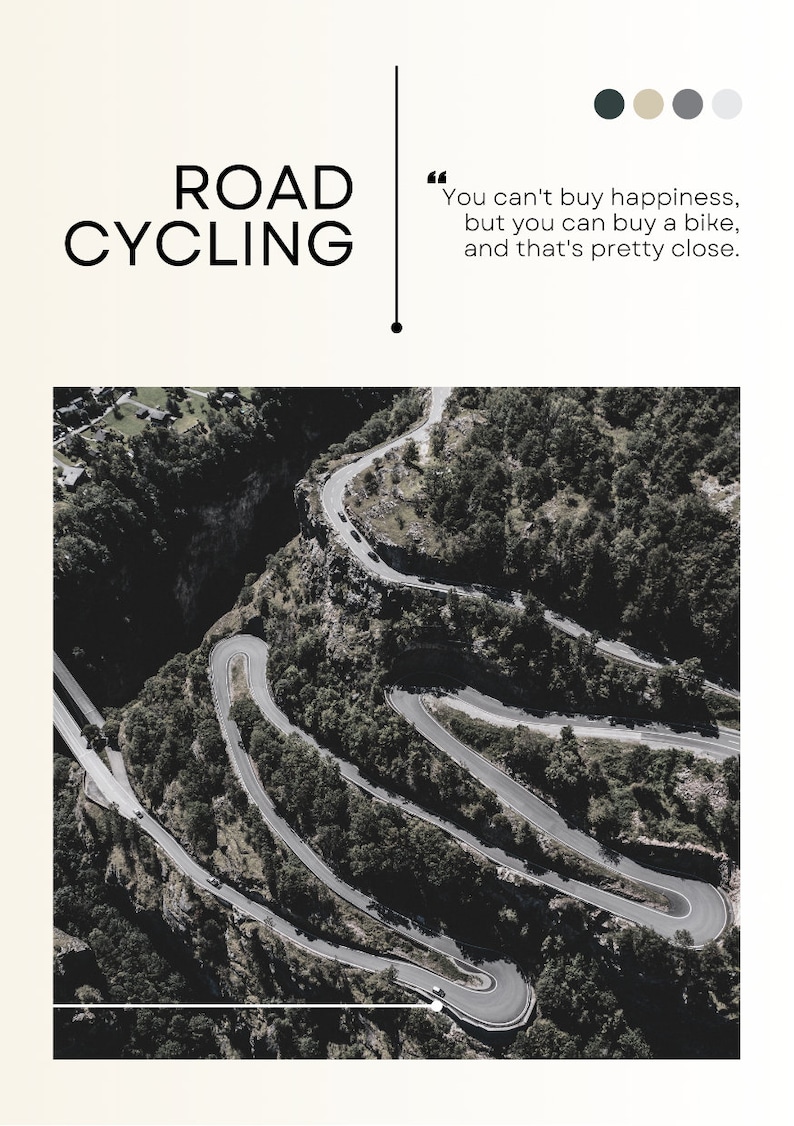 Puede incluir: Una vista a&eacute;rea de un camino sinuoso a trav&eacute;s de un bosque. El camino se curva y se retuerce a trav&eacute;s de los &aacute;rboles, creando una ruta esc&eacute;nica y desafiante para los ciclistas. La cita "No se puede comprar la felicidad, pero se puede comprar una bicicleta, y eso es bastante cerca." se muestra sobre la imagen.