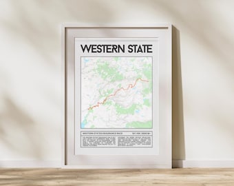 Póster de carrera de resistencia Western State: arte mural de ultramaratón, arte mural minimalista de trail running, regalo para corredores de trail.