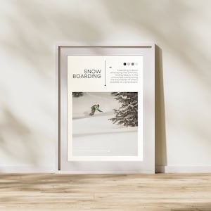 Może przedstawiać: Biały plakat w ramie z czarnym tekstem "SNOW BOARDING". Plakat przedstawia snowboardzistę w zielonej kurtce i czarnych spodniach zjeżdżającego po zaśnieżonym stoku. Tekst na plakacie brzmi "Freeriding is about embracing the unknown, finding beauty in the untouched, and pushing the boundaries of what's possible on a snowboard."