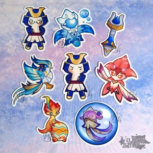 May include: Set of ten colourful stickers featuring various characters and designs. The stickers are printed on white paper and have a glossy finish. The characters include a blue bird, a red flower, a blue and white creature, a blue and white octopus, a blue and white character with a crown, a red and white character with a crown, and a yellow and orange character with a crown.