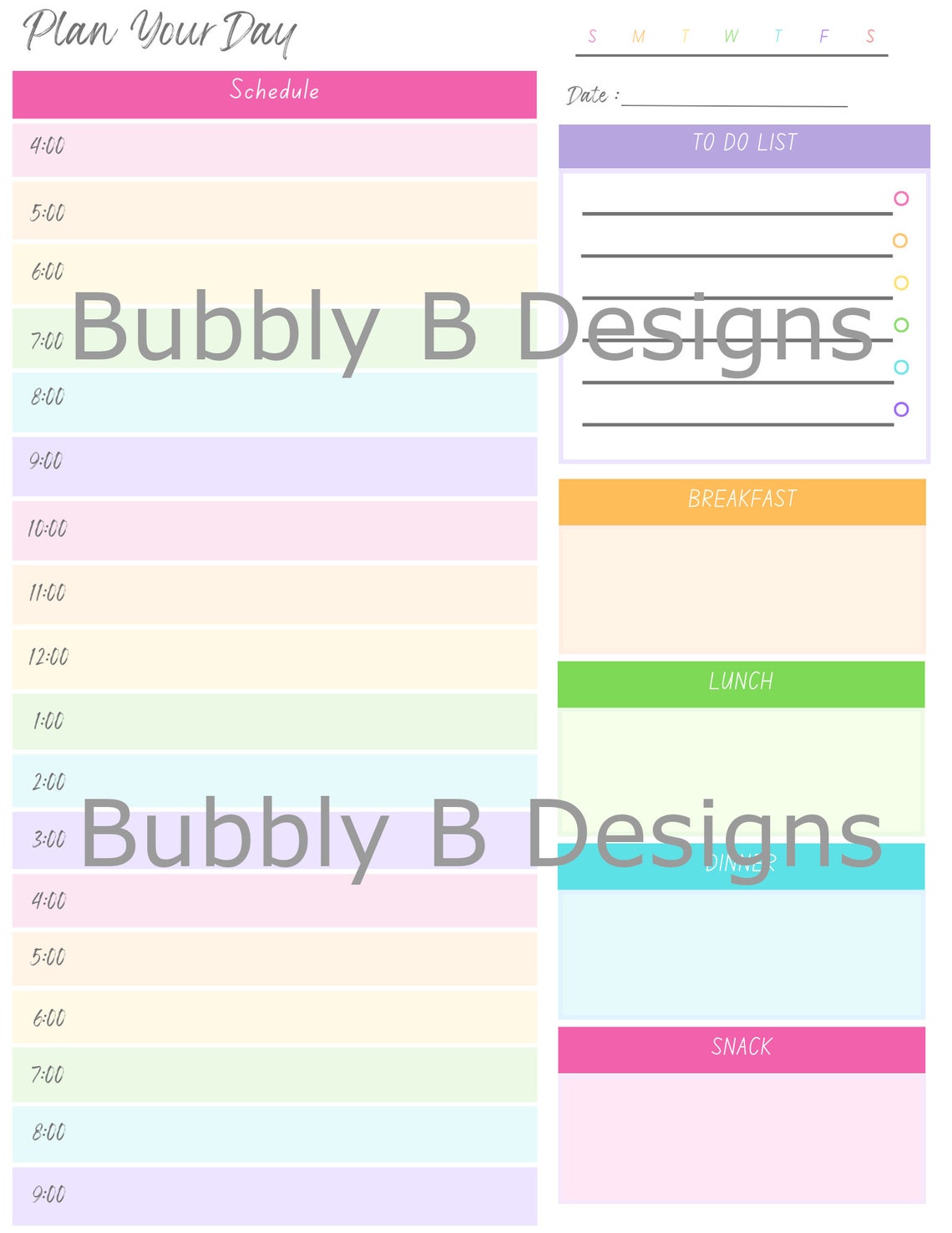 Colorful and Cute Day Plan Printable - Pastal Plan - Etsy