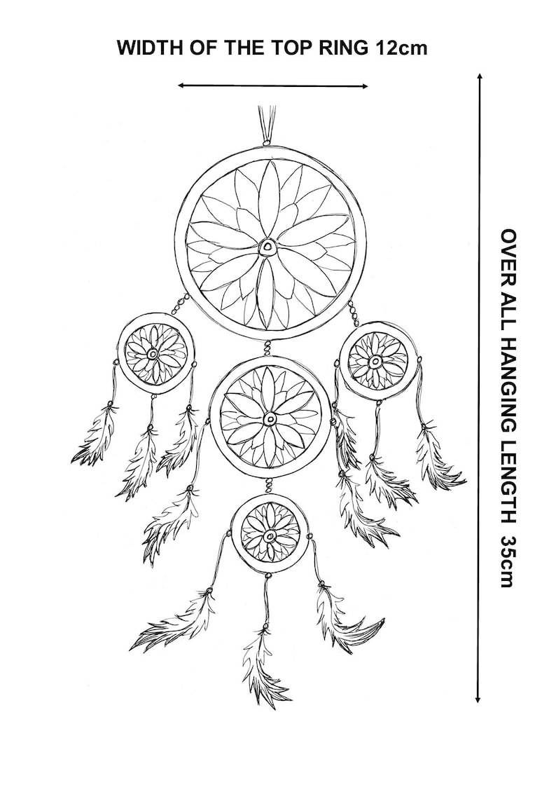 May include: Black and white line drawing of a dreamcatcher. The top ring is 12cm wide, with an overall hanging length of 35cm. The dreamcatcher features a central floral design and smaller circular elements with feathers.