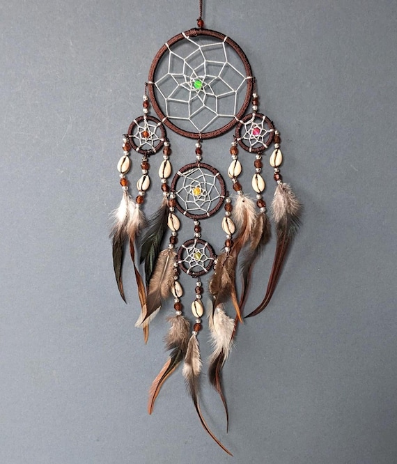 Traditional Dreamcatcher Brown Dream Catchers 9cm x 30cm with Shells Natural Feathers  Handmade Decoration