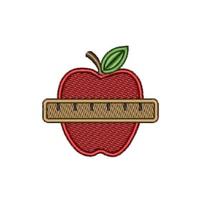 Apple and Ruler Embroidery Design | Back to School Teacher Gift Machine Embroidery Pattern | 3 Sizes | 5 FORMATS