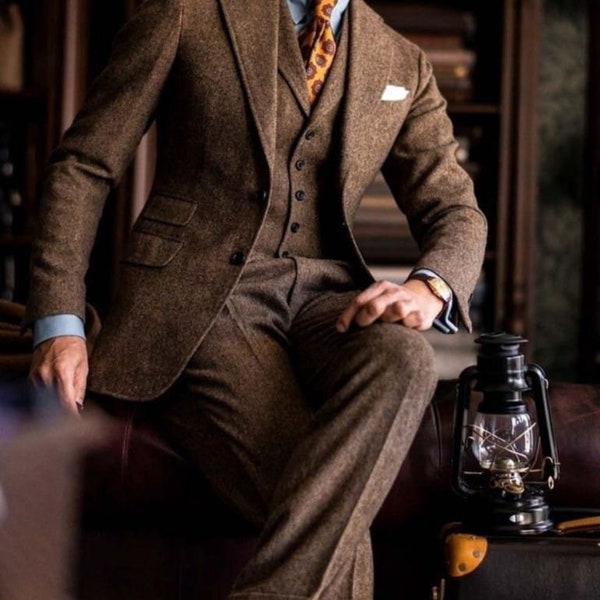 Mens Brown Tweed Suit for wedding groomsmen Suit 3 Piece Suit Gift For men Slim Fit Suit wedding suit for Groom, men Wear Suit