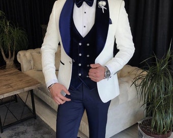 GROOMSMEN SUITS, White 3 Piece Tuxedo Wedding Indian Formal Groom Party Wear Suit For Men Custom Men Clothing