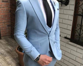 Premium Quality Wedding or Formal Occasion Suit Icy Blue Three Piece Suit for Men | -Tailored Fit,