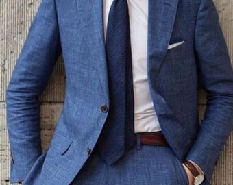 Man linen Blue 2 piece suit-wedding suit for groom & groomsmen-bespoke suit-men's suits-dinner, prom, party wear suit