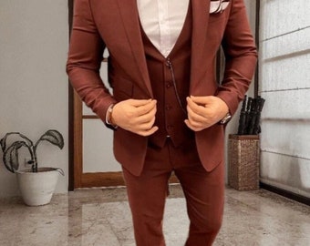 Men Three Piece Rust Colored Suit, Custom Made Wedding Suits, Bespoke Wedding Terracotta Suit, Burnt Orange Bespoke Wedding Suits For Men