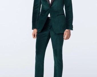 Green Velvet suit for men, elegant wear for office wear, party wear, wedding, prom, dinner, 2 piece suit with Shawl lapel. Green pant Suits