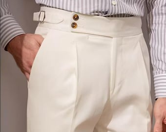 Men Custom Made Designer Ivory Cotton Gurkha Dress Pant Button Closure Side Adjuster Coin Pocket Formal Trousers For Men Works Gorkha Pants