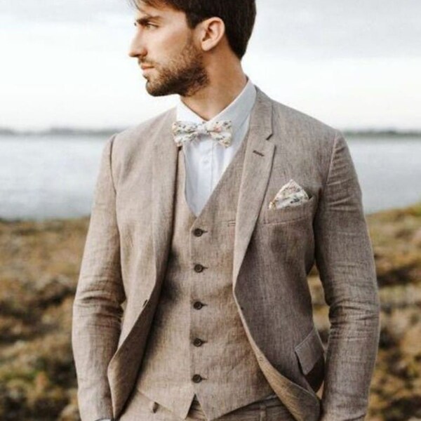 Man linen Beige 3 piece suit-wedding suit for groom & groomsmen-bespoke suit-men's brown suits-dinner, prom, party wear suit