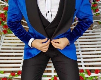 Blue Velvet suit for men, elegant wear for office wear, party wear, wedding, prom, dinner, 3 piece suit with Shawl lapel. Black pant Suits