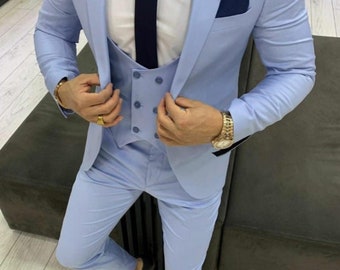 Men Suit Trendy Three Piece Sky Blue Mens Suit for Wedding, Engagement, Prom, Groom wear and Groomsmen Suits, Gift for him