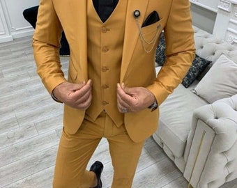 Men Mustard Suits Three Piece Cream Men Suit for Wedding, Engagement, Anniversary, Prom, Wear and Grooms Men Suit Slim Fit, Party Wear Suits