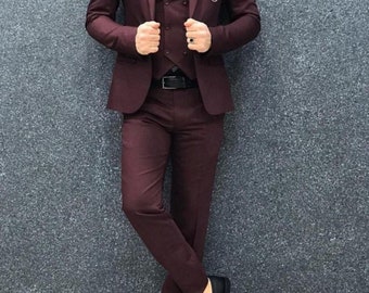 Men Wine Wedding Suits Grooms Wear Suit 3 Piece Suit 1 Button Suit Party Wear Suit For Men Dinner suit New arrival Casual dress.