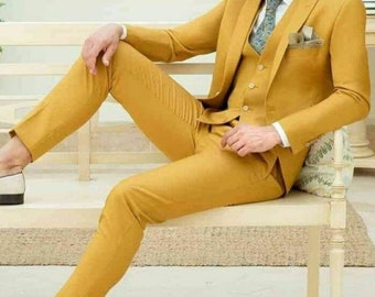 Men Suit Wear Yellow Three Piece Men Suit for Wedding, Engagement, Prom, Groom wear and Groomsmen Suits All Color Available