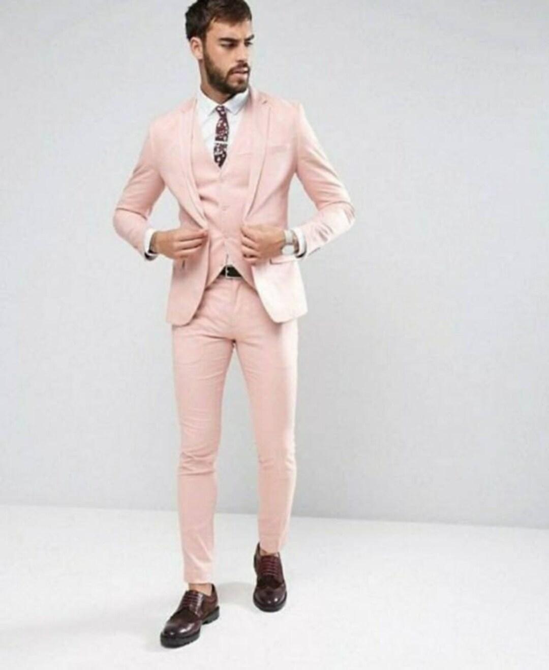 Men’s Light Peach 3 Piece Suit Set with Vest, Prom Wedding Dress Suit