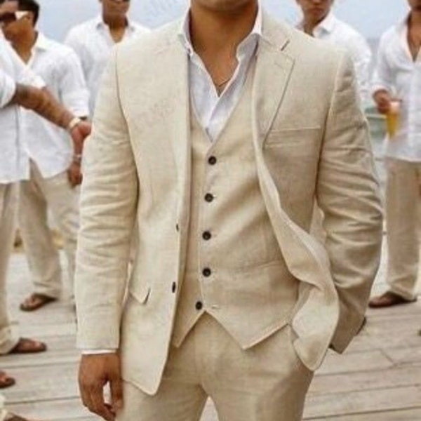 Man linen 3 piece suit-wedding suit for groom & groomsmen-bespoke suit-men's suits-dinner, prom, party wear suit